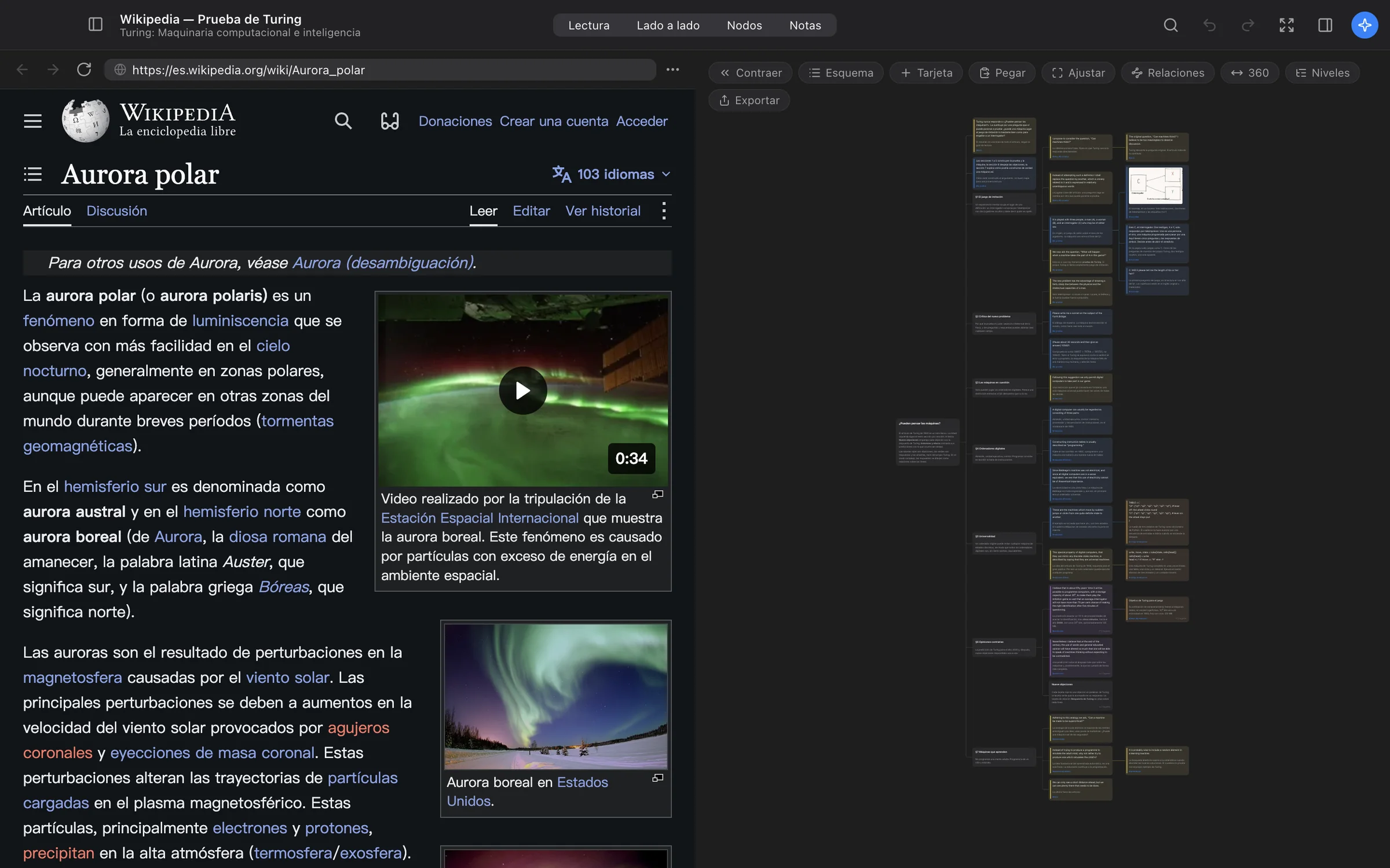 El navegador integrado muestra un artículo de Wikipedia sobre las auroras
