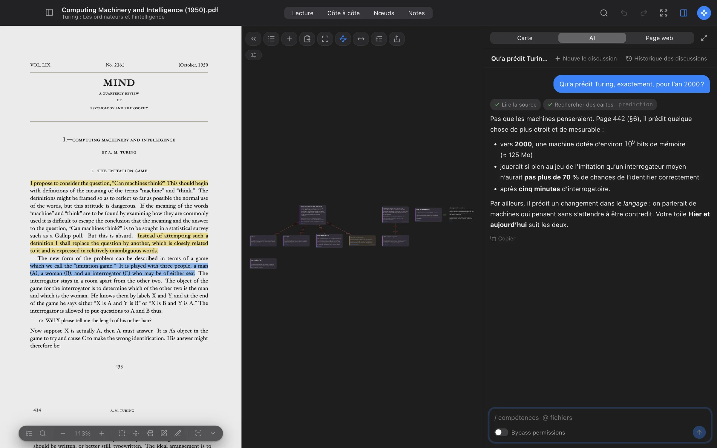 Le panneau d’IA répond à une question sur l’article de Turing de 1950, à côté de l’article lui-même