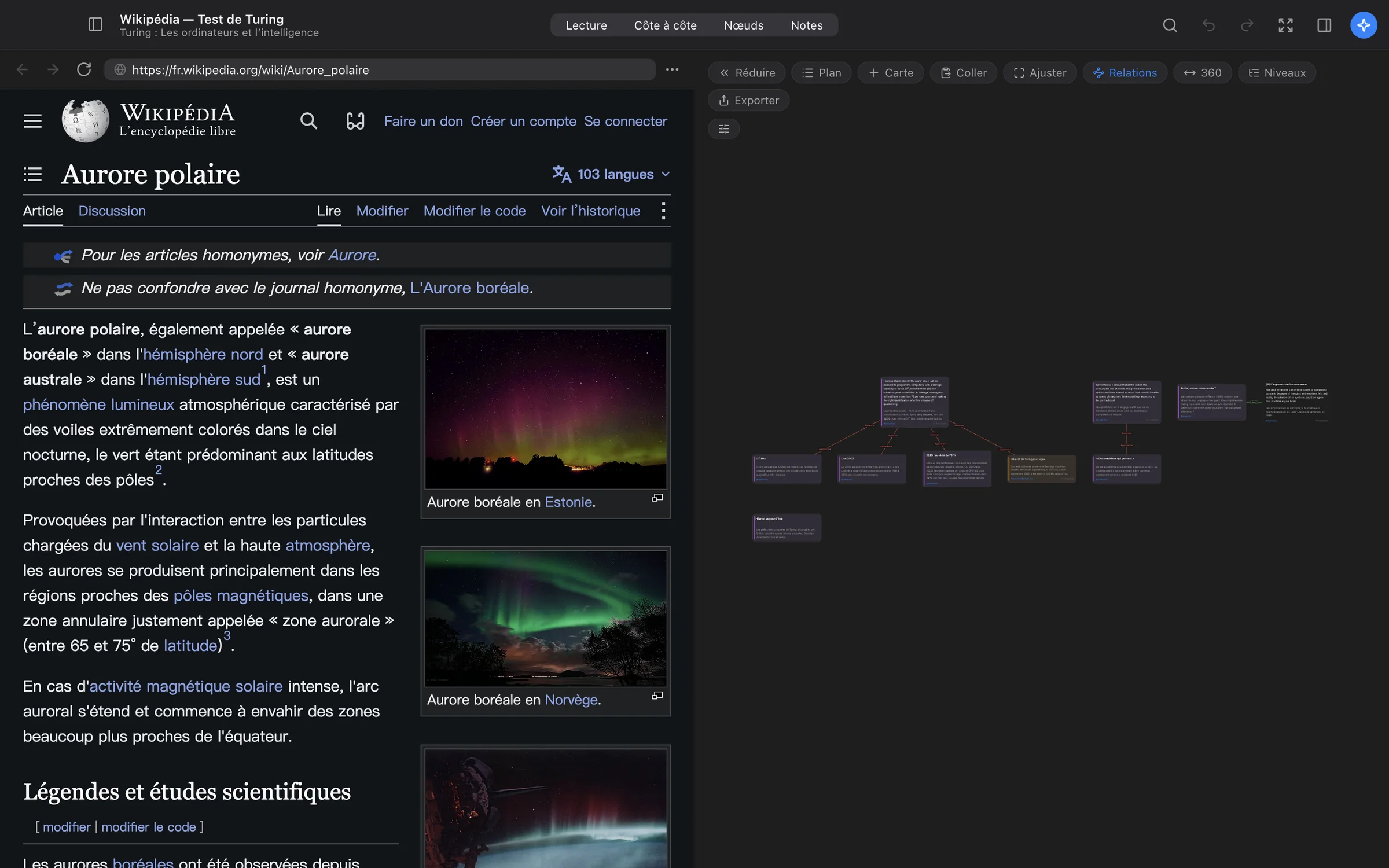 Le navigateur intégré affiche un article de Wikipedia sur les aurores polaires